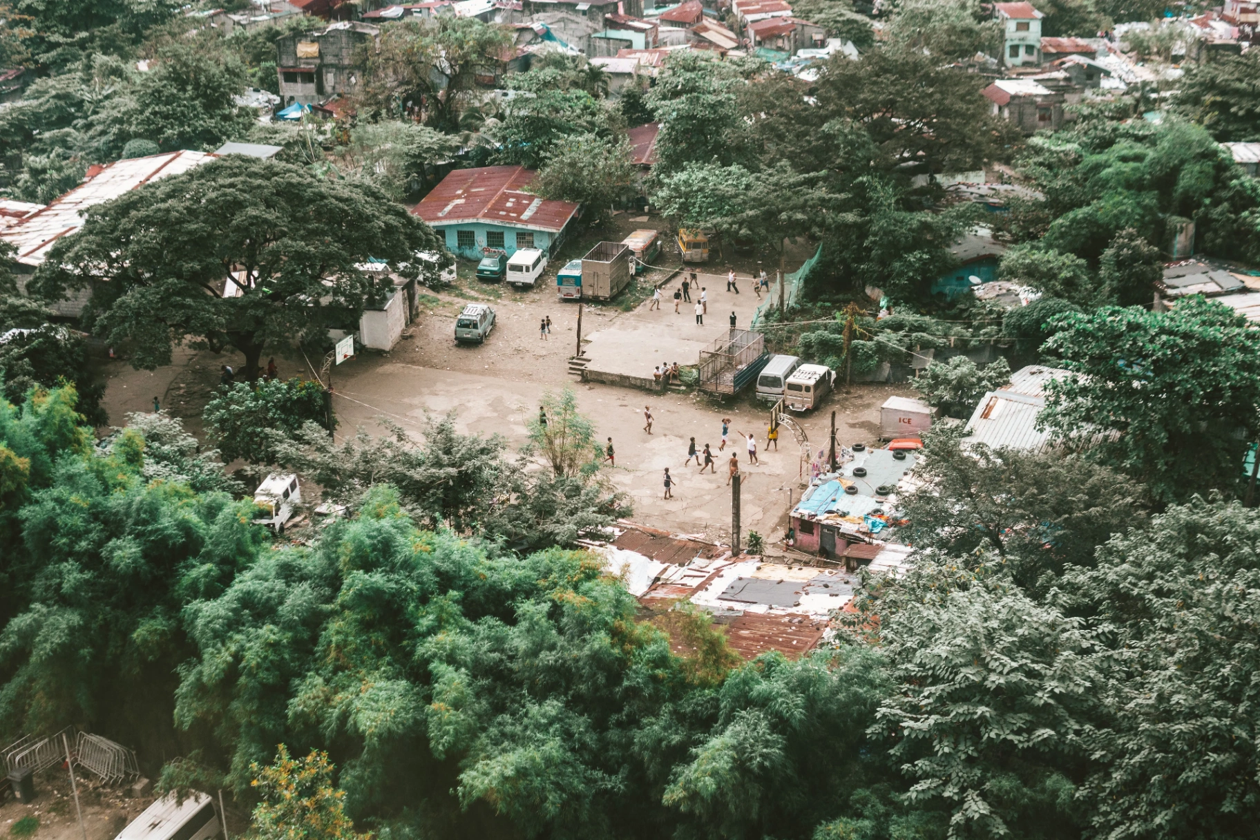 Aerial contrast between green tree cover and dense low-income neighborhood