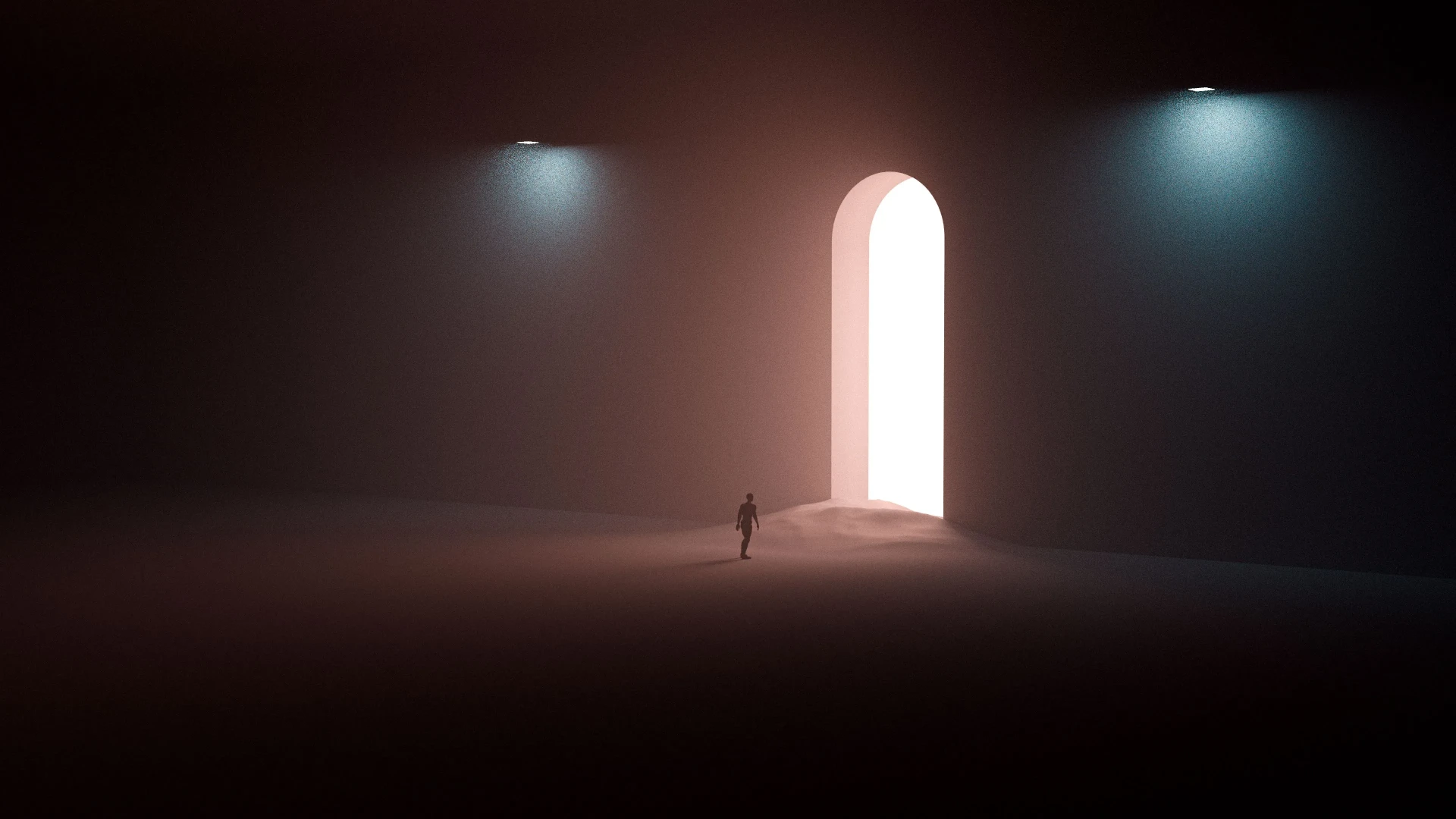 A lone figure walking toward a bright arched doorway in a vast dark space